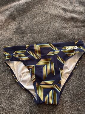 Arena Men’s Navy Swim Briefs with Yellow & Blue Geometric Print